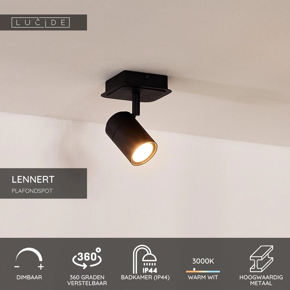 Ceiling spotlight Lennert black IP44 Lucide 5411212262677