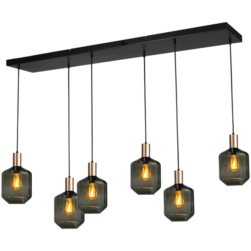 6-light hanging lamp - gold - Porto with Jagger green lenses