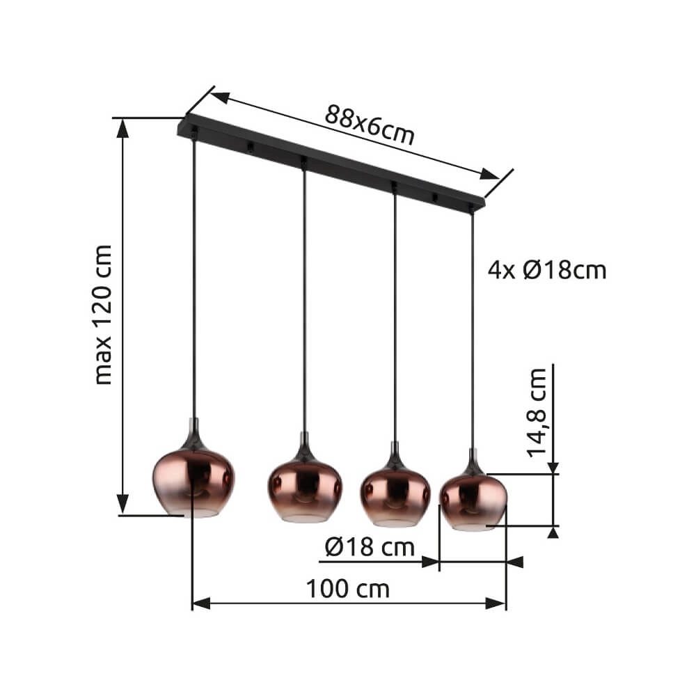 Black pendant lamp Maxy with red glass 4-lights Globo 9007371447985