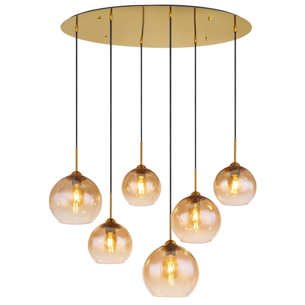 Golden pendant lamp Jamessa 6-light with amber glass Globo 9007371435692