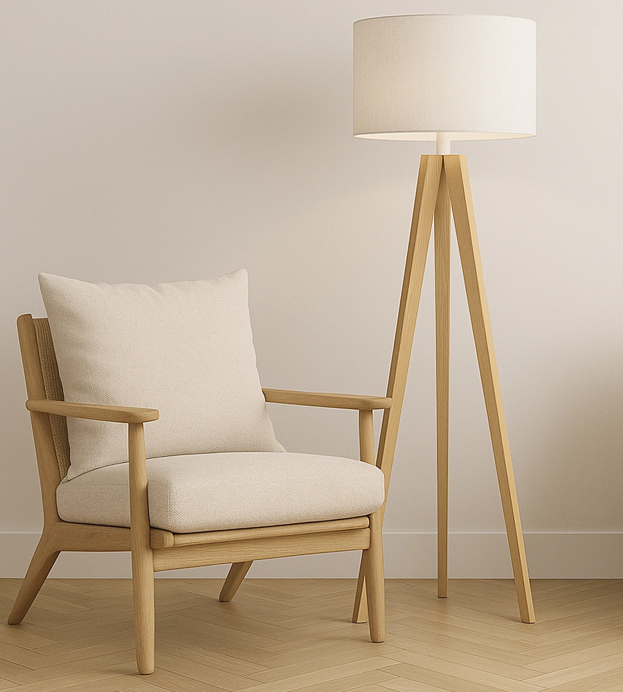 Wooden tripod floor lamp with white shade with wooden chair