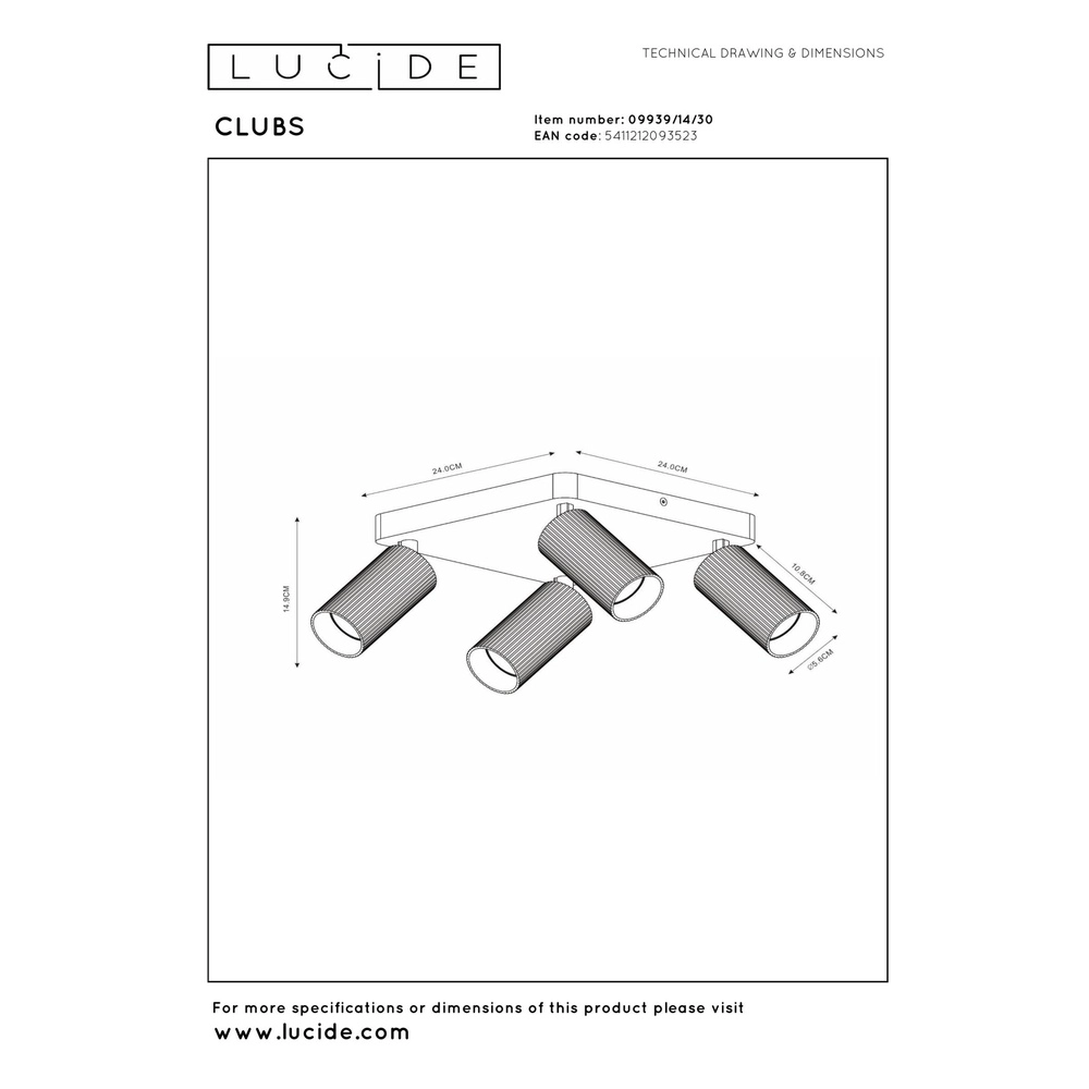 Surface-mounted ceiling spot Clubs 4-light black Lucide 5411212093523