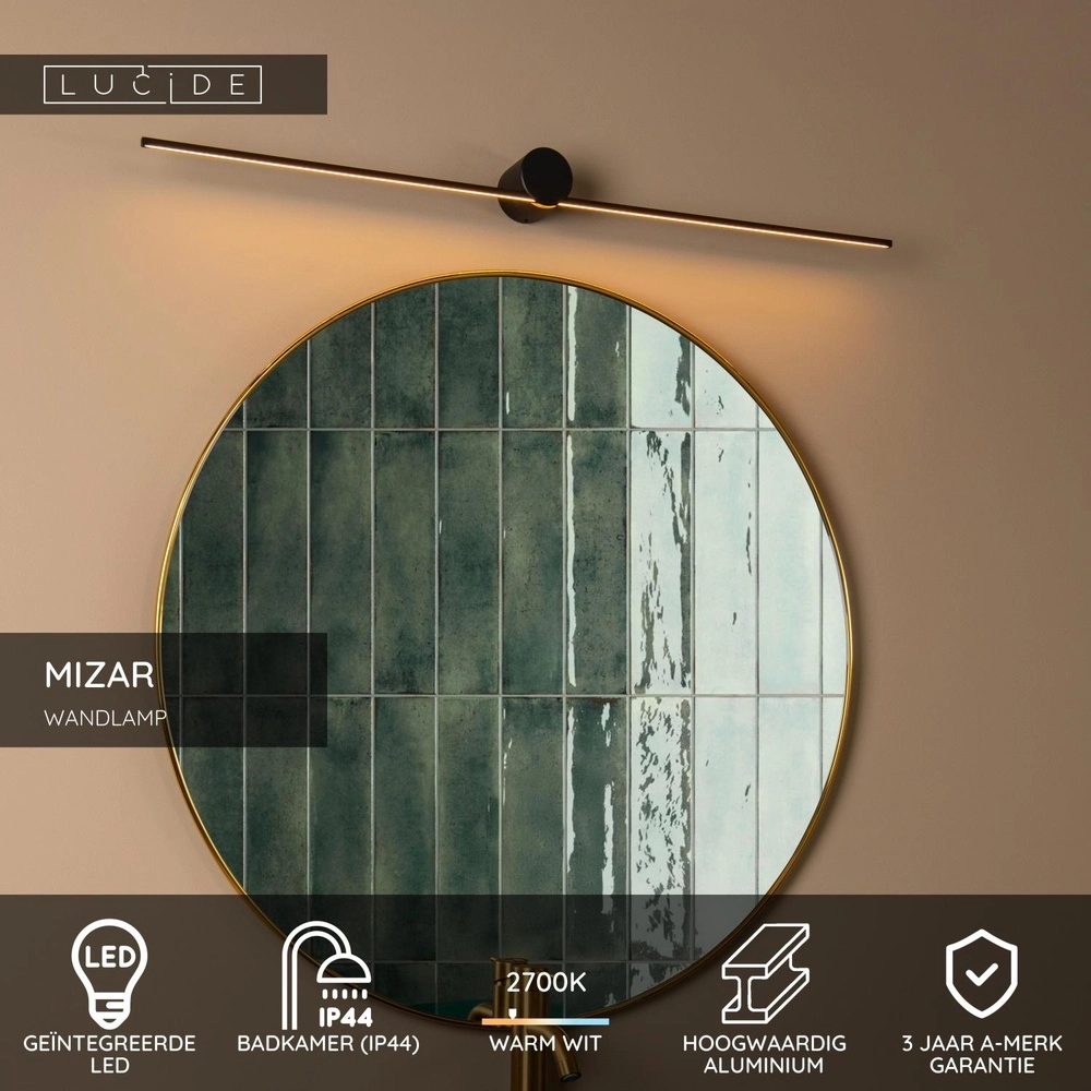 Sleek bathroom wall lamp Mizar IP44 90cm black Lucide 5411212126931