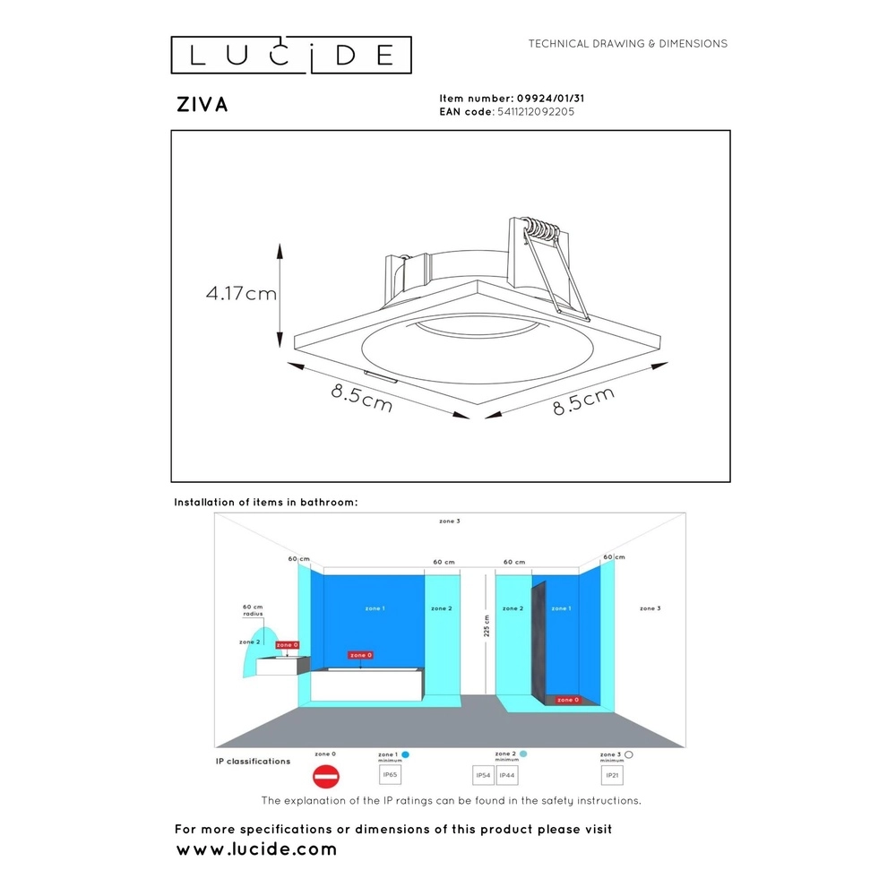 Recessed spotlight Ziva IP44 white Lucide 5411212092205