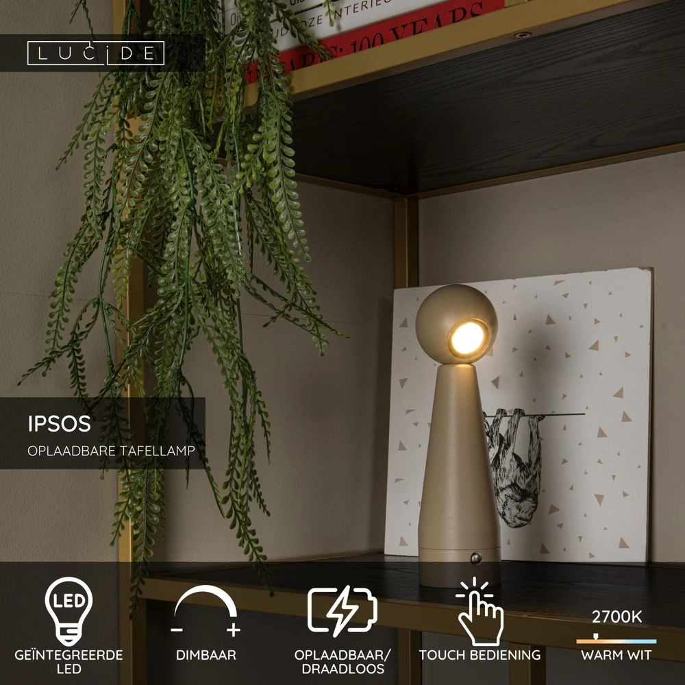 Rechargeable table lamp Ipsos taupe Lucide 5411212333988