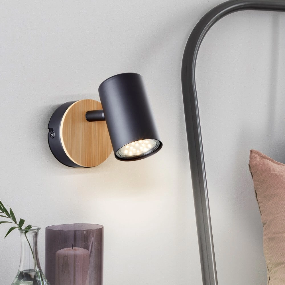 Wall lamp Niels black with wood Brilliant 4004353410192