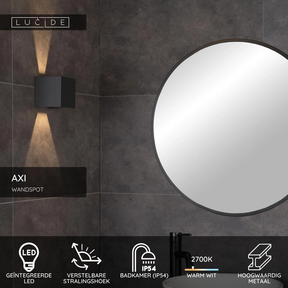 Square wall spotlight Axi 2 x 7W IP54 black Lucide 5411212690005