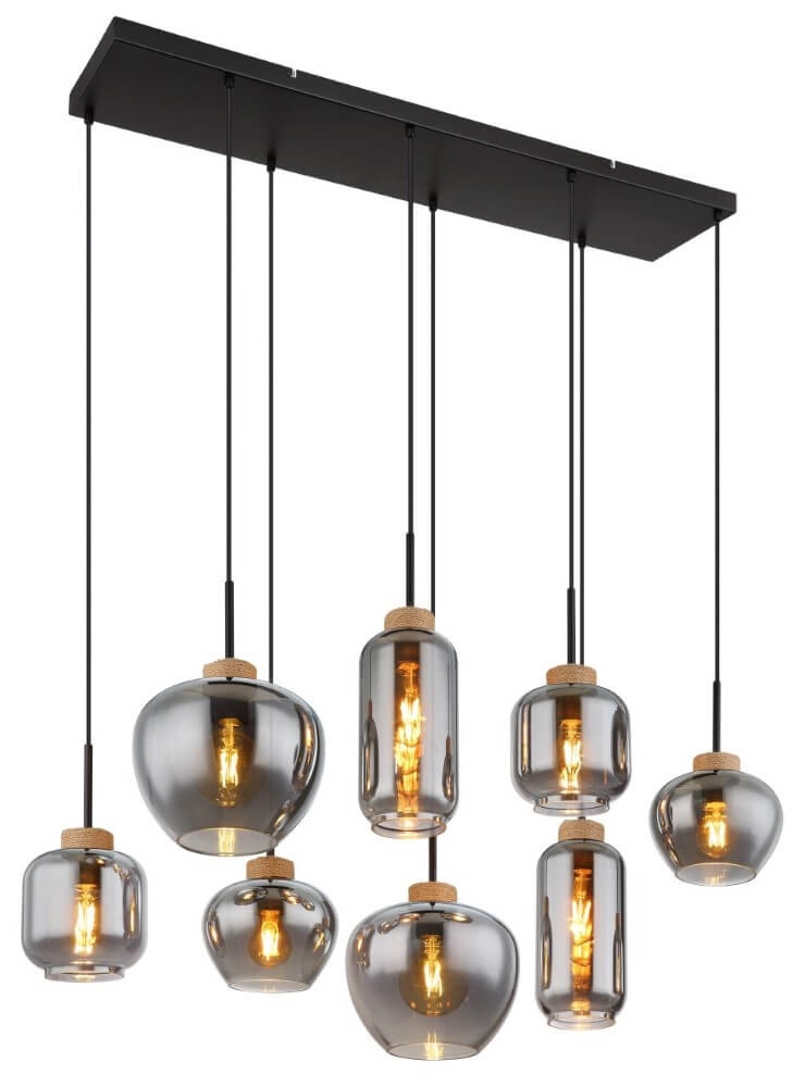 8-light pendant lamp Matt black with wood