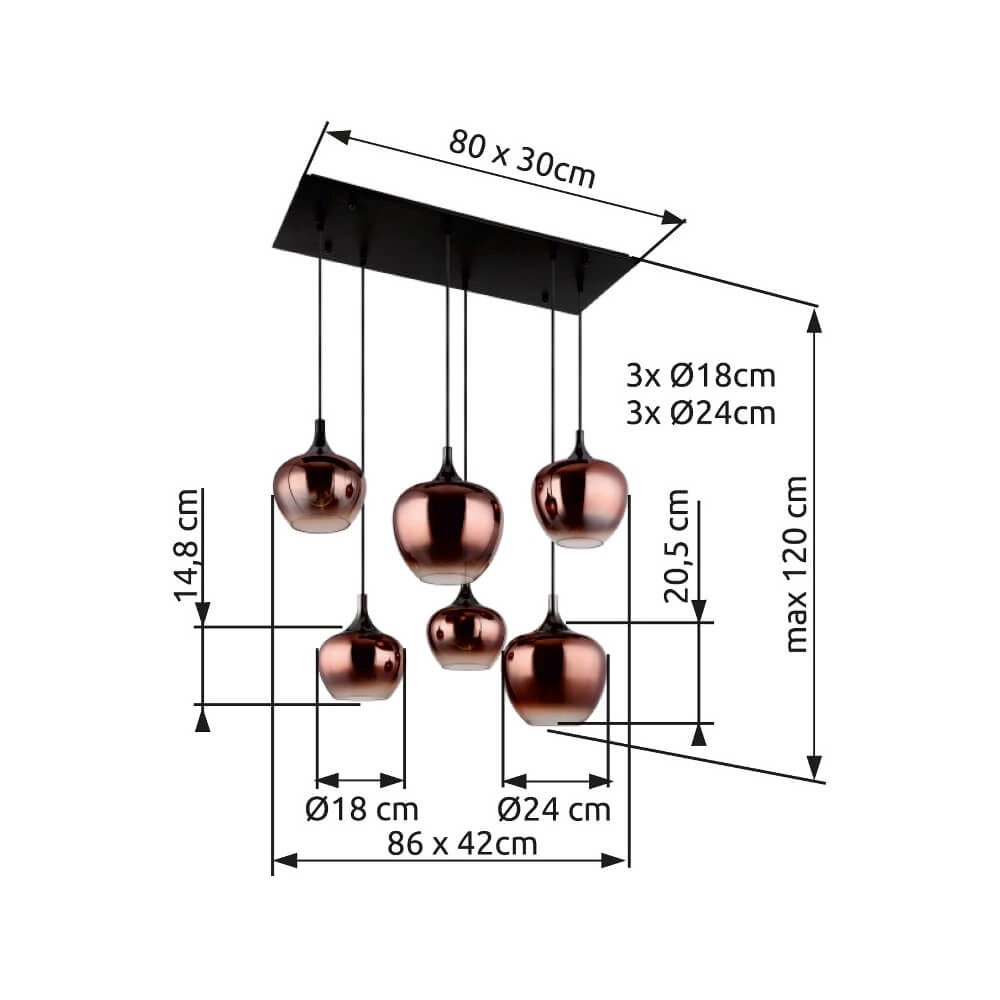 Black pendant lamp Maxy with red glass 6-lights Globo 9007371450985