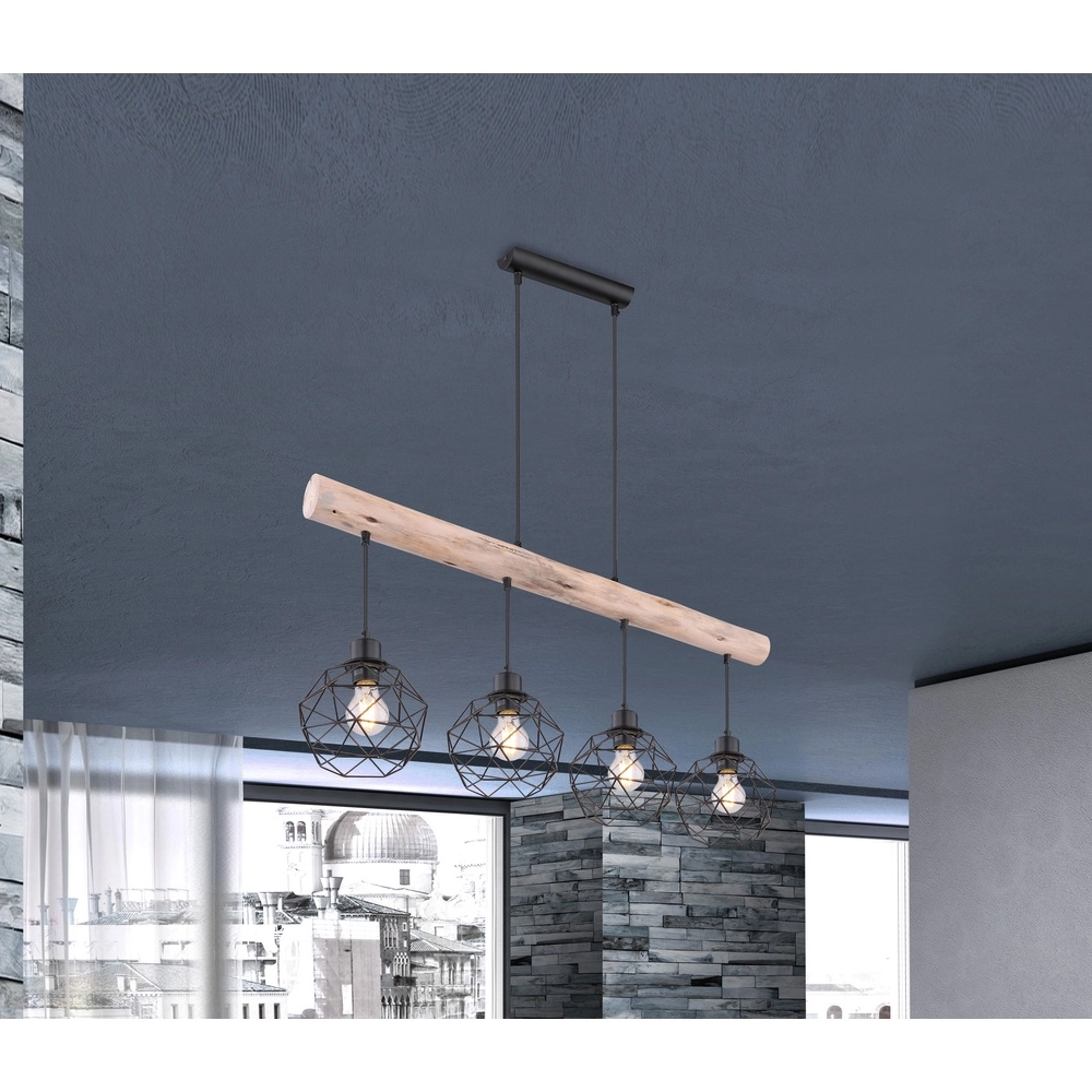 4-light dining table lamp Theodor black with wood Globo 9007371400676