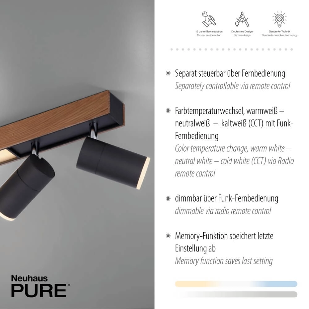 Sleek ceiling lamp Pure Lines Spot wood Paul Neuhaus 4012248374566