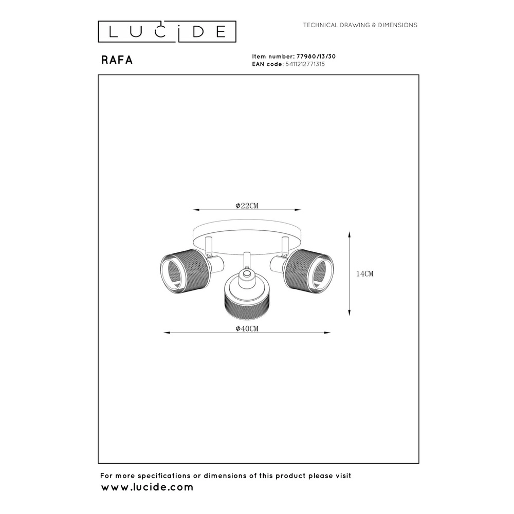 Ceiling lamp Rafa 3-light black with copper Lucide 5411212771315