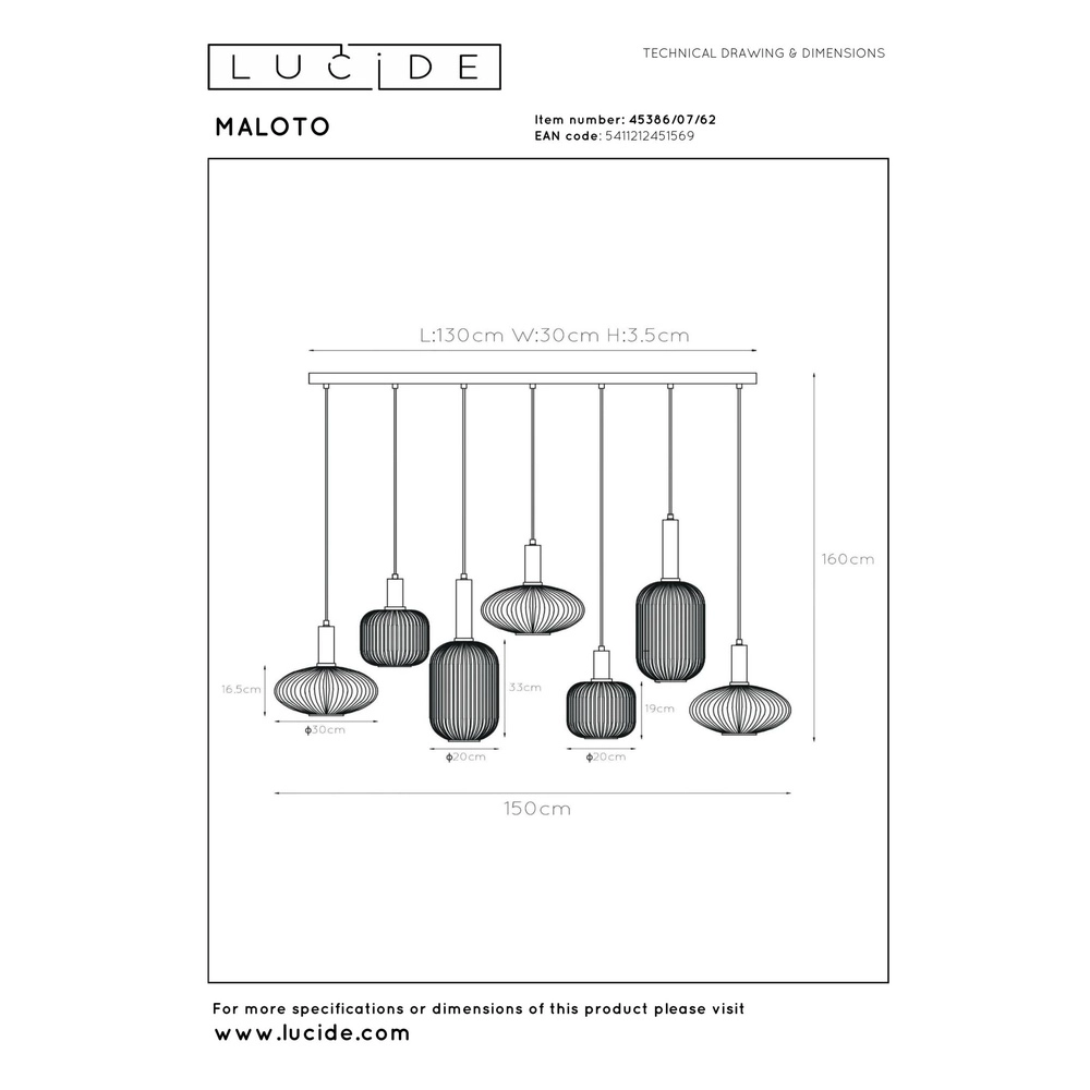 Pendant lamp Maloto 7-lights with amber glass Lucide 5411212451569