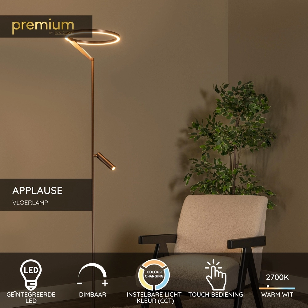 Sleek floor lamp with reading lamp Applause Brushed copper - LED Premium by Lucide 5411212221872