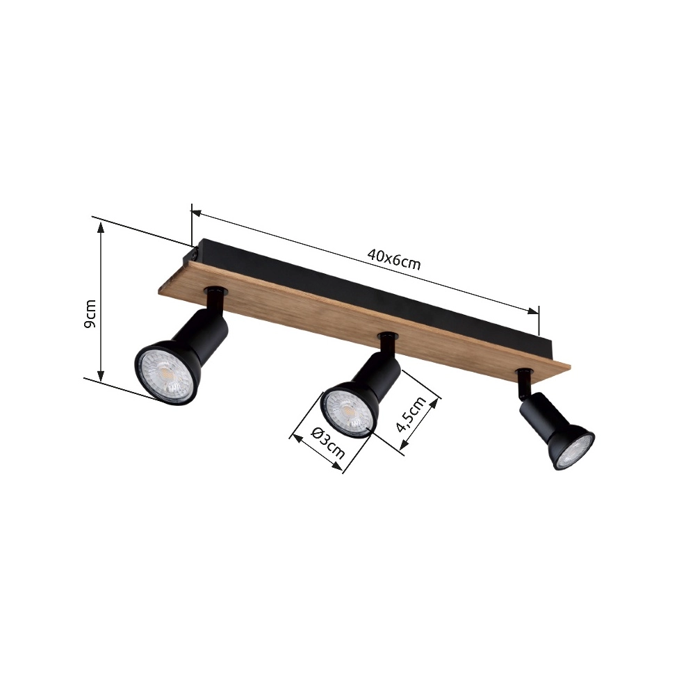 Ceiling spotlight Drew black with wood 3-lights Globo 9007371433780