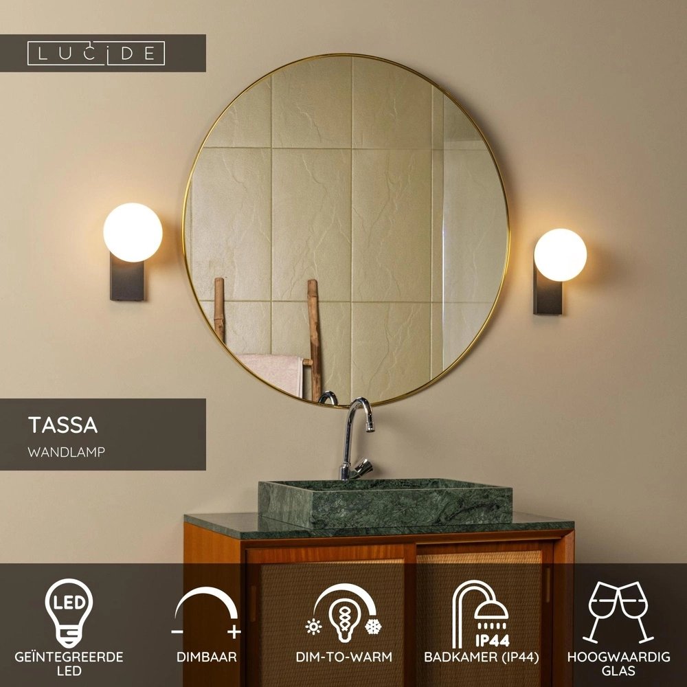 Wall lamp Tassa IP44 black with white sphere Lucide 5411212570079