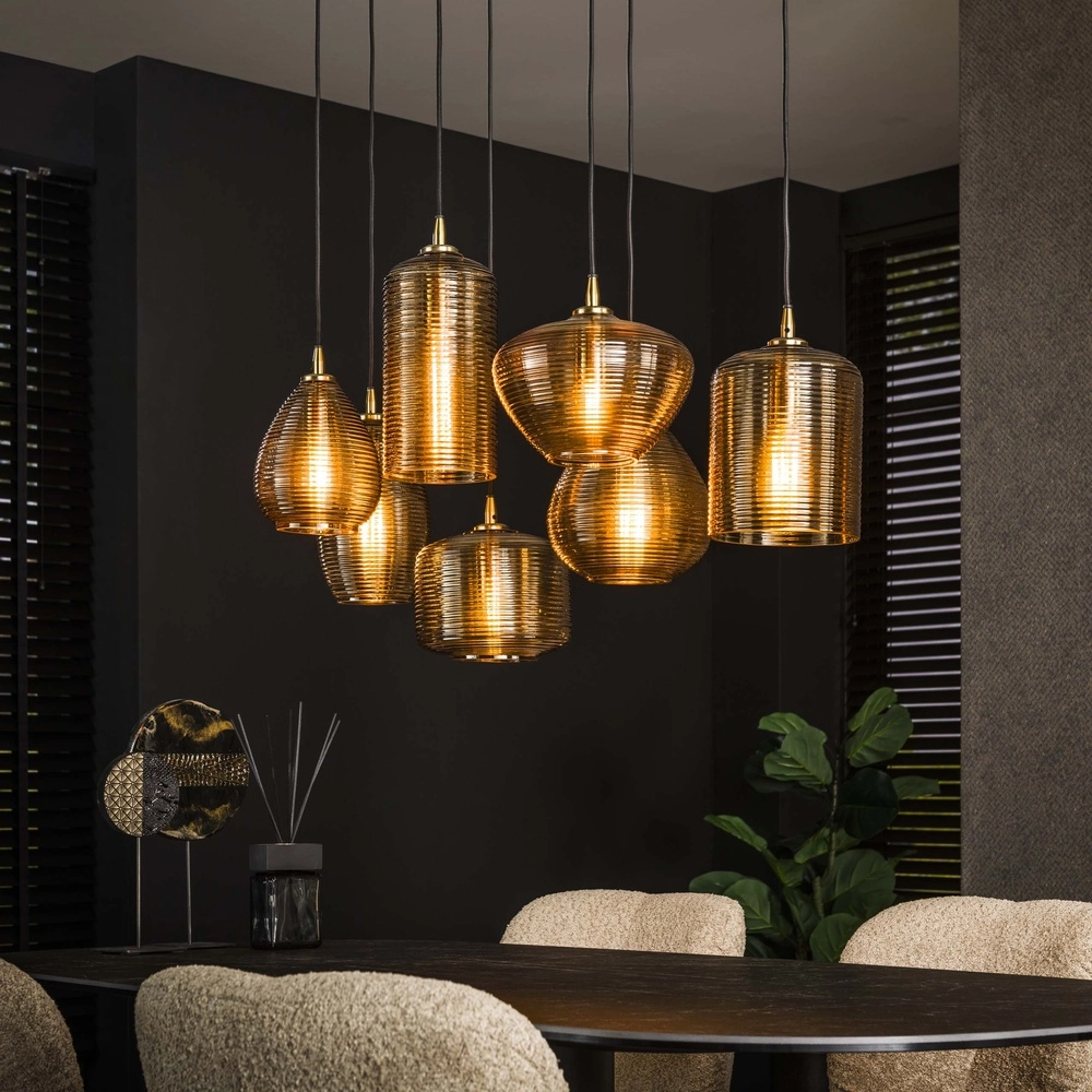 Dining room pendant lamp Stripe 7-light - ribbed glass