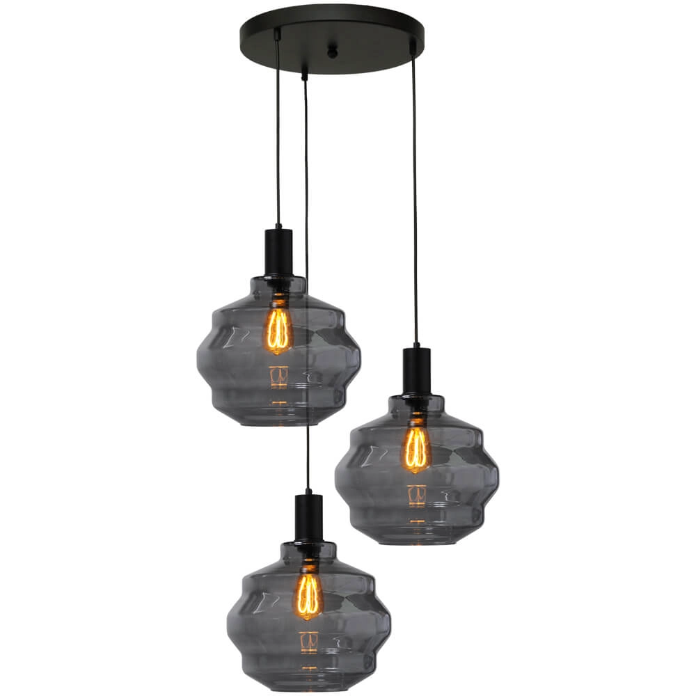 3-light loft hanging lamp - black - Porto with Ball smoke glasses - Ø 30cm