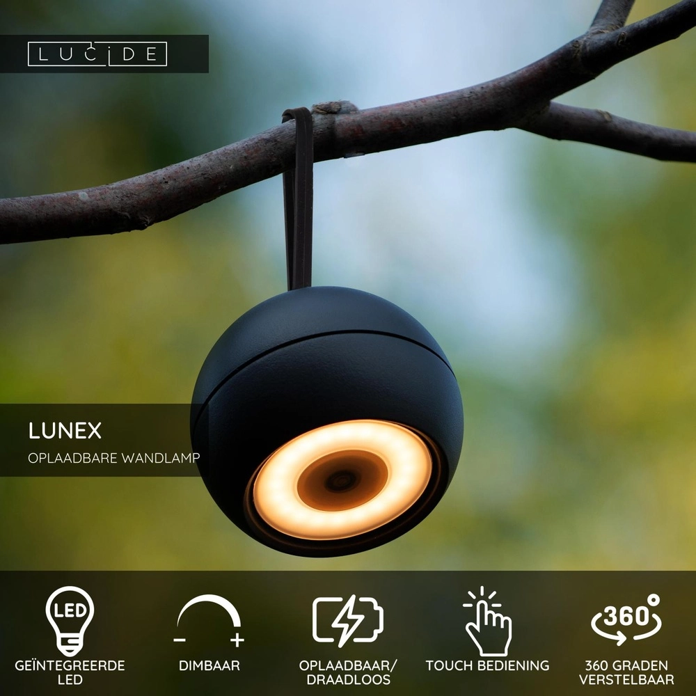Rechargeable wall lamp Lunex Black Magnetic Lucide 5411212272409
