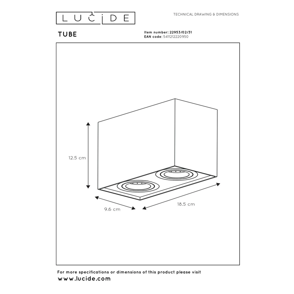 Surface-mounted ceiling spot Tube rectangle white Lucide 5411212220950