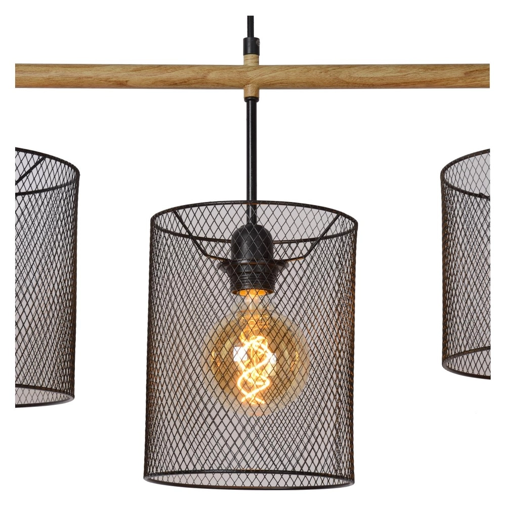 4-light pendant lamp Baskett black with wood Lucide 5411212450531