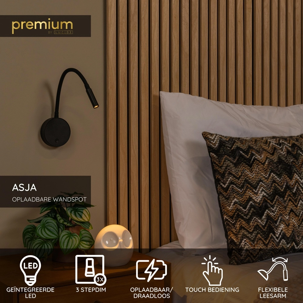Bedside lamp Asja dimmable black Premium by Lucide 5411212421180