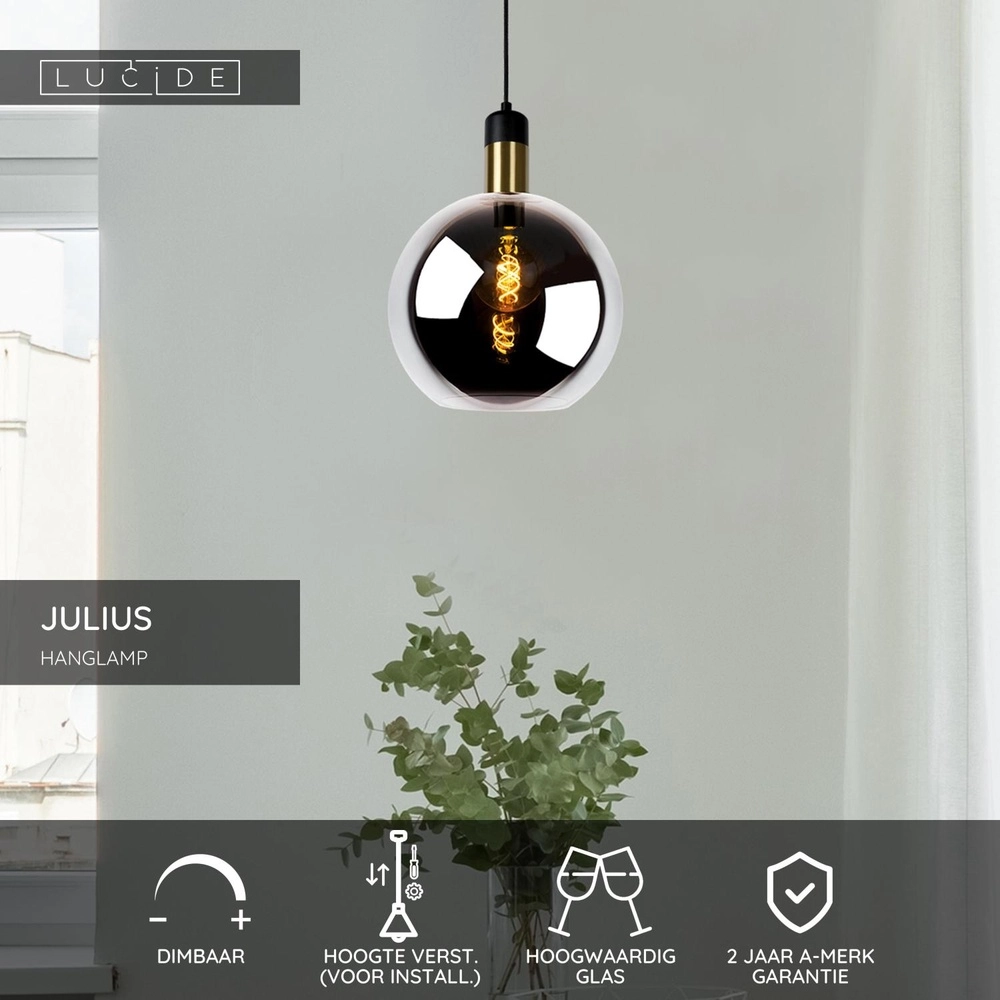 Pendant lamp Julius Ø 28cm smoke glass Lucide 5411212343338