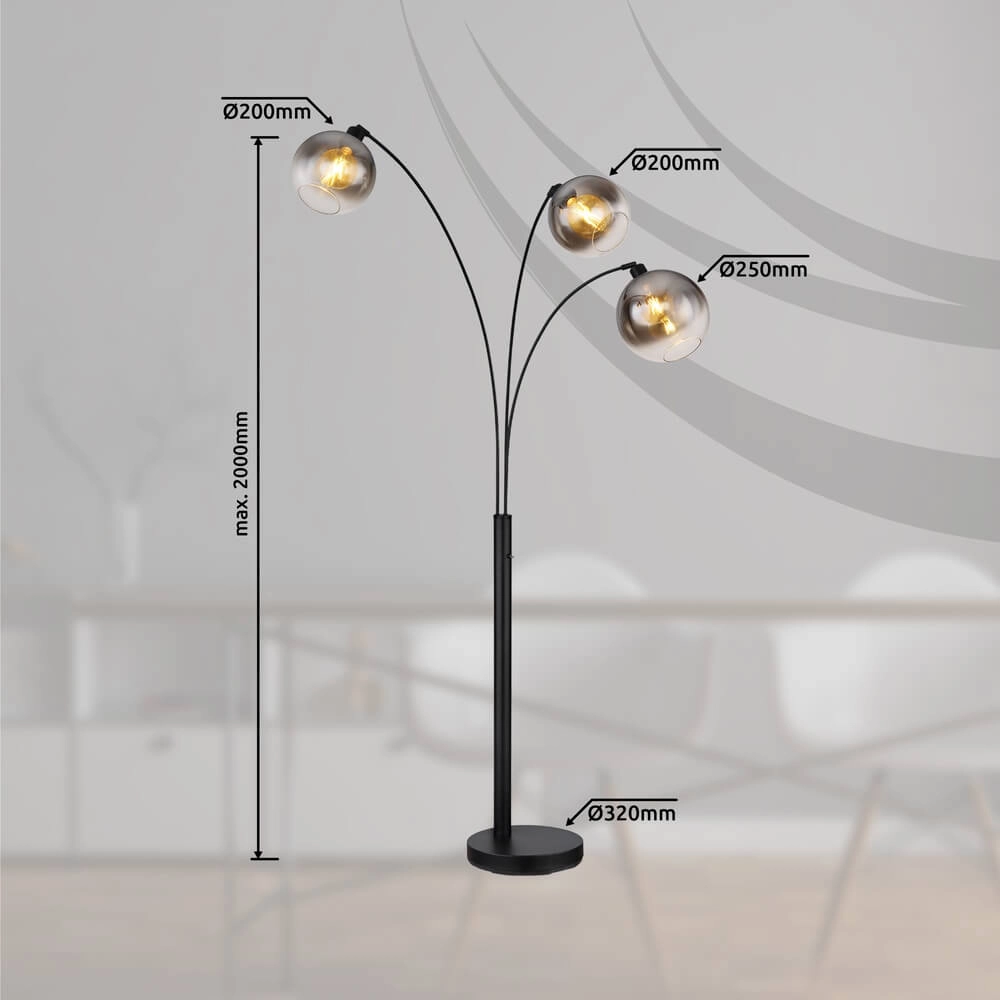 Black floor lamp Newcastle Sphere Smoke Glass 3-lights Globo 9007371449798