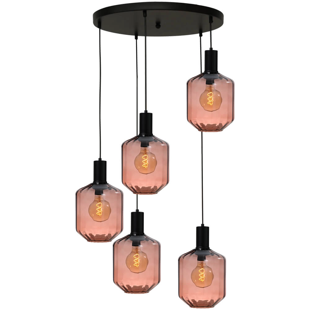 5-light loft hanging lamp - black - Porto with Jagger red glasses - Ø 24cm