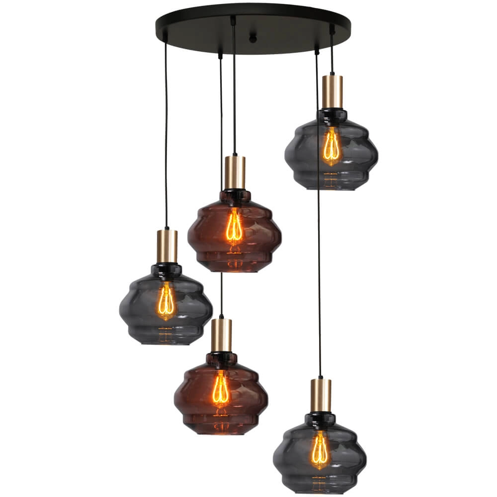 5-light loft hanging lamp - gold - Porto with Ball glasses