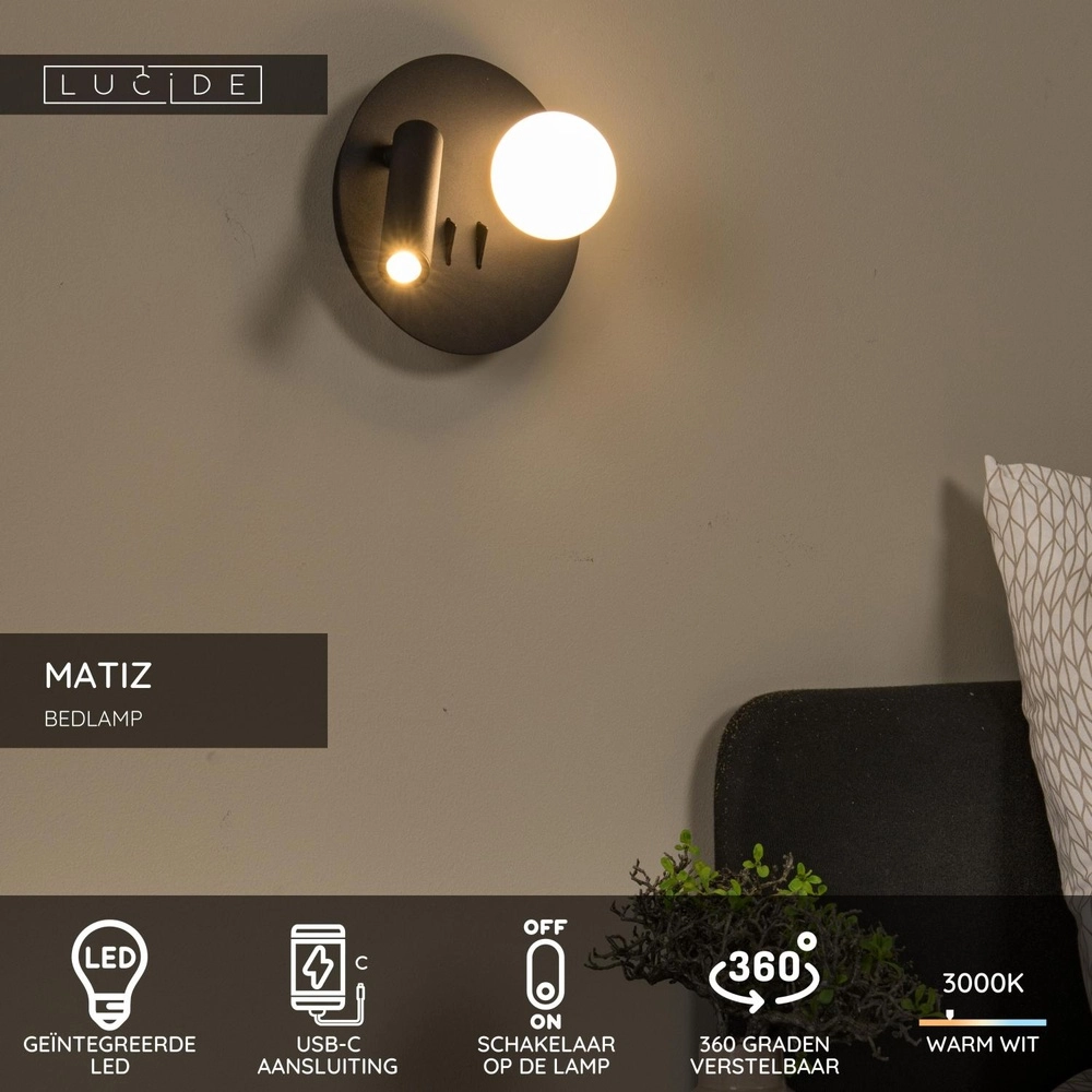 Design bedside lamp Matiz black with USB charging point Lucide 5411212771322
