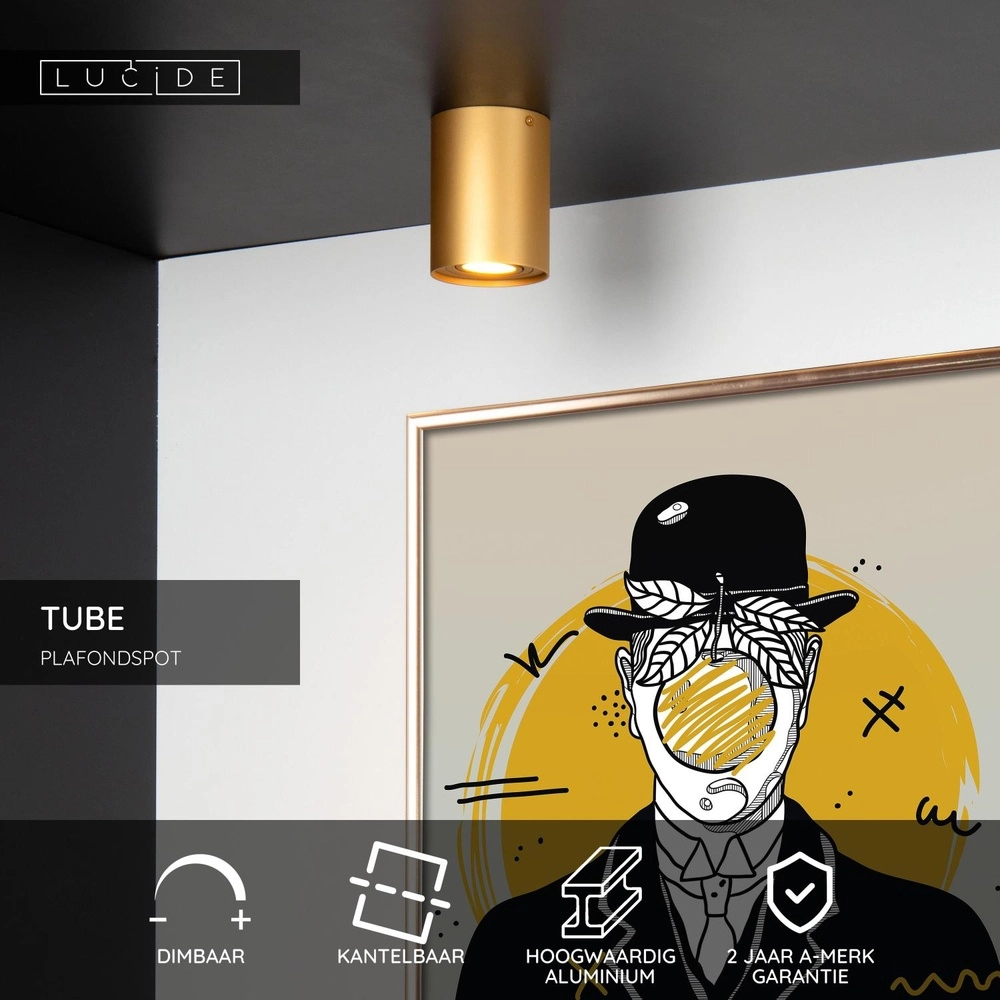 Surface-mounted ceiling spot Tube gold Ø 9.6cm Lucide 5411212221483