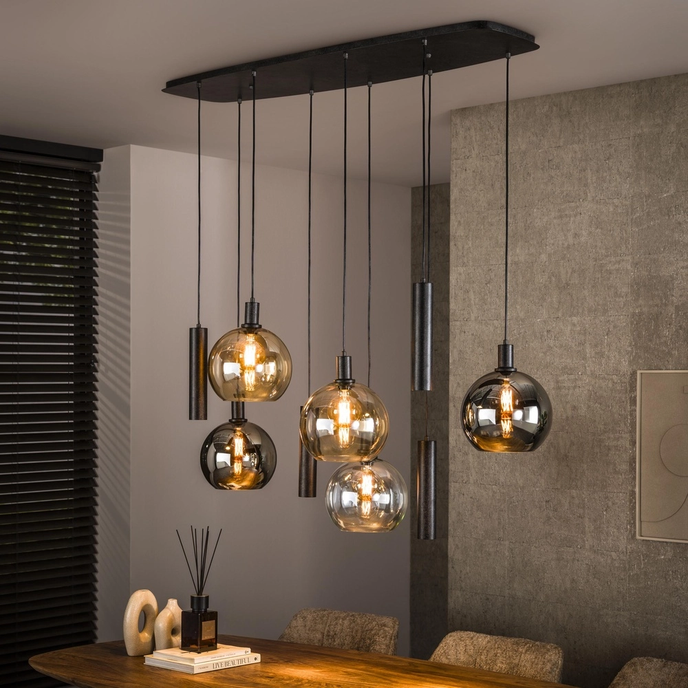 Dining table pendant lamp Sfera with coloured glass balls and pendants