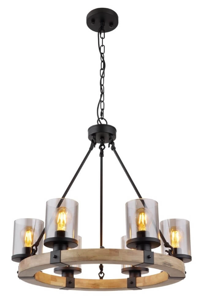 Wooden pendant lamp Lila 6-light round