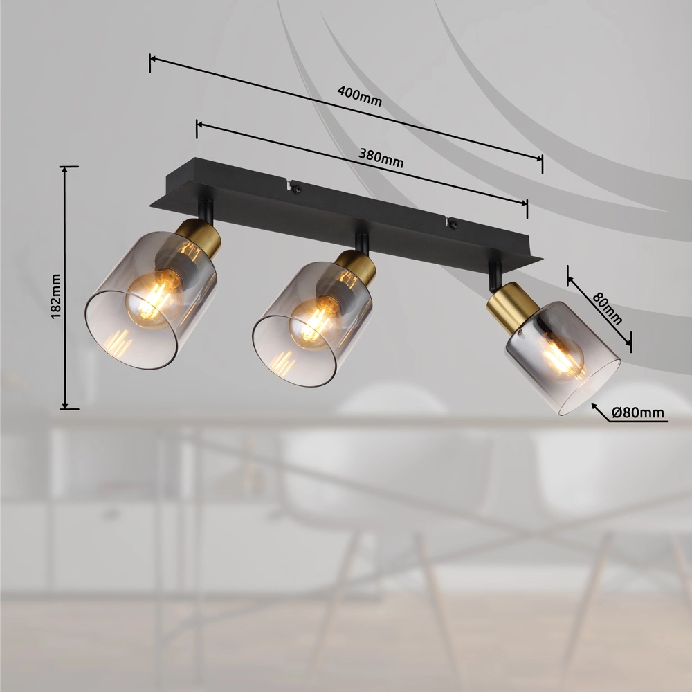 3-light ceiling lamp Hollsy black with smoke glass Globo 9007371448852