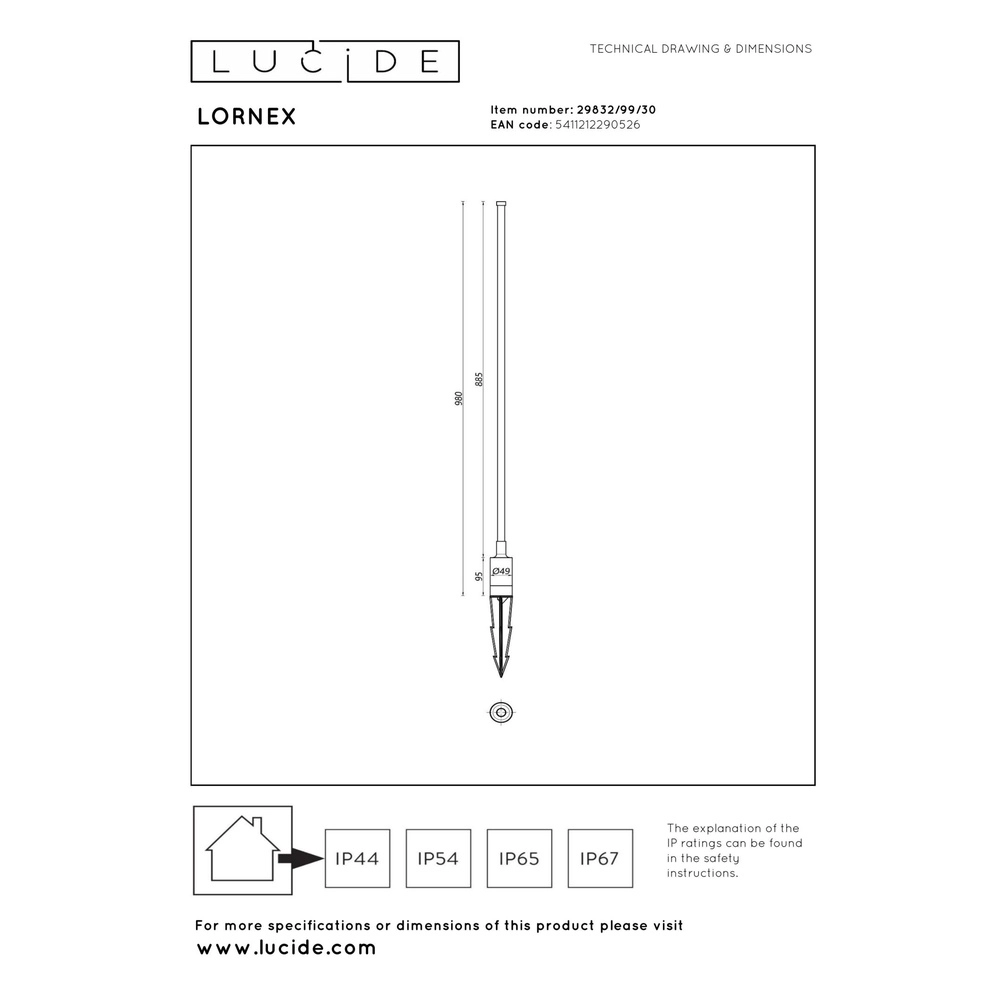 Sleek garden lamp Lornex IP54 black 98cm Lucide 5411212290526