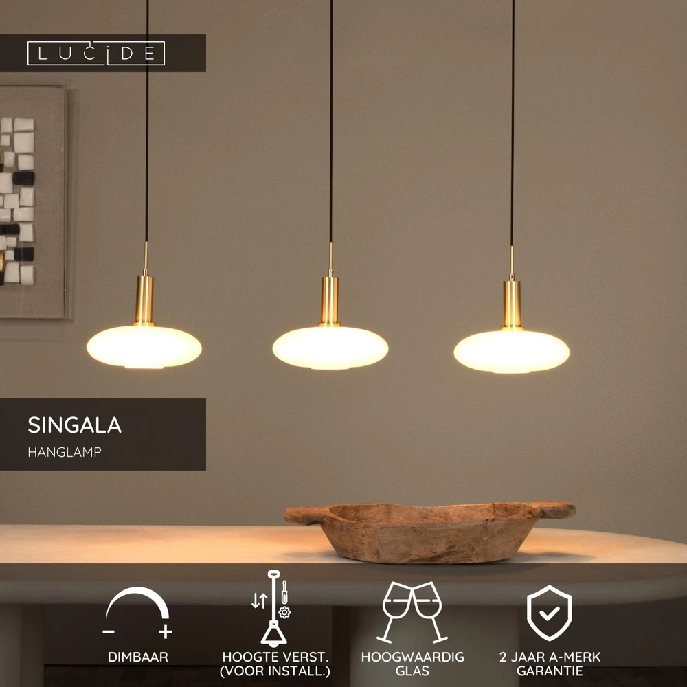Design pendant lamp Singala 3-light straight gold with white Lucide 5411212251091