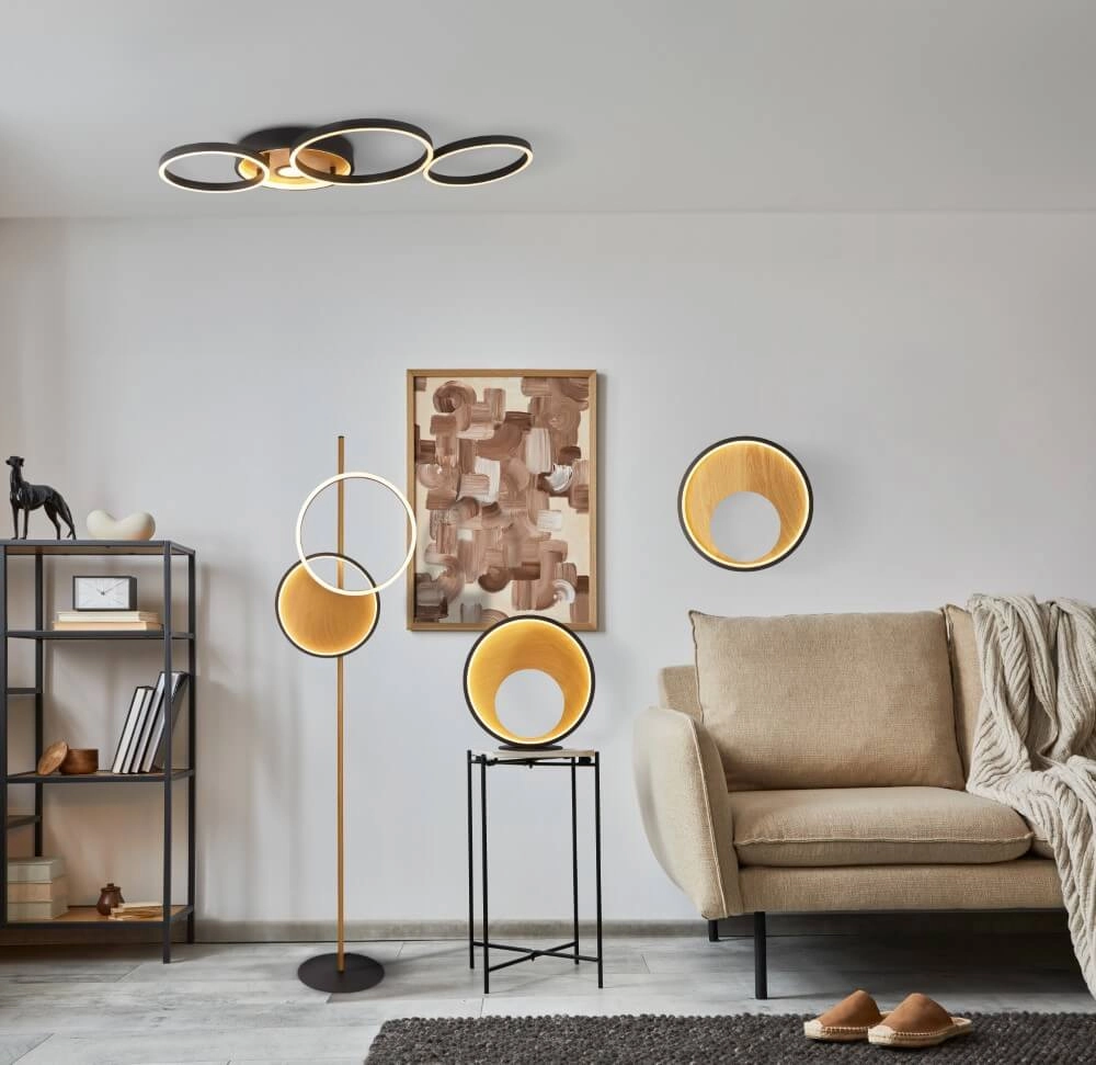 Design floor lamp Curio black with wood Searchlight 5053423245232