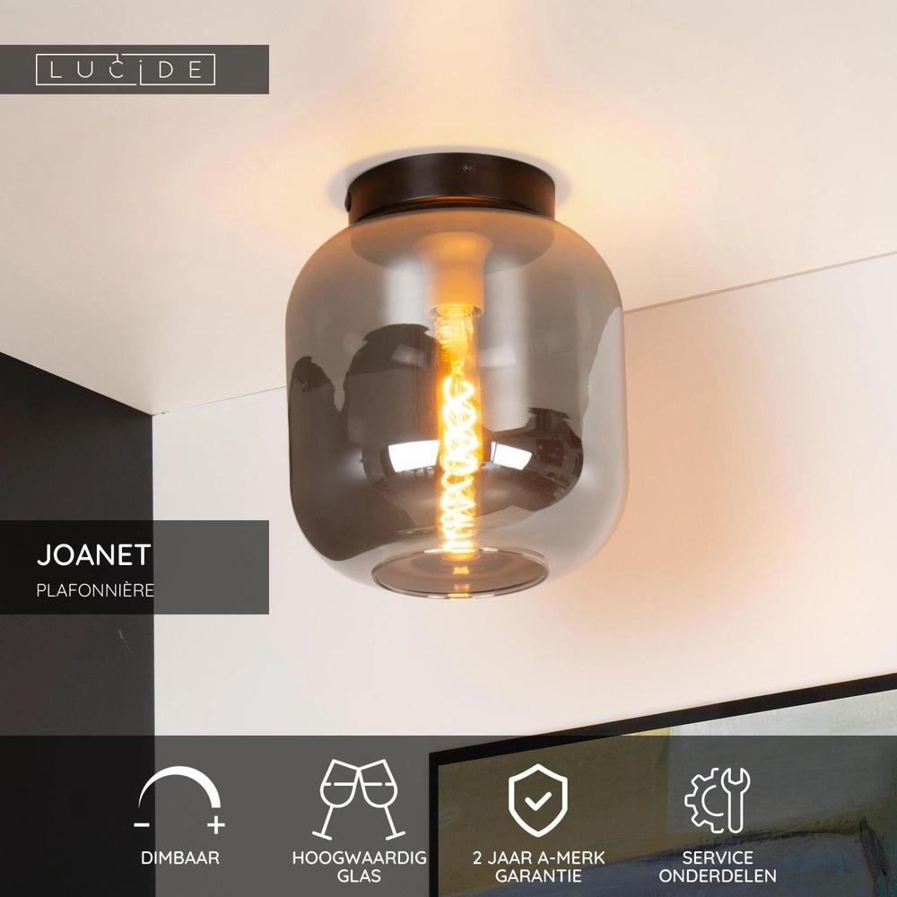 Ceiling lamp Joanet Ø 25cm black with smoke glass Lucide 5411212452153