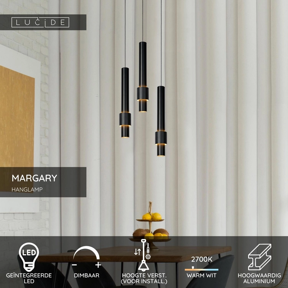 Sleek pendant lamp Margary 3-light black Lucide 5411212241894