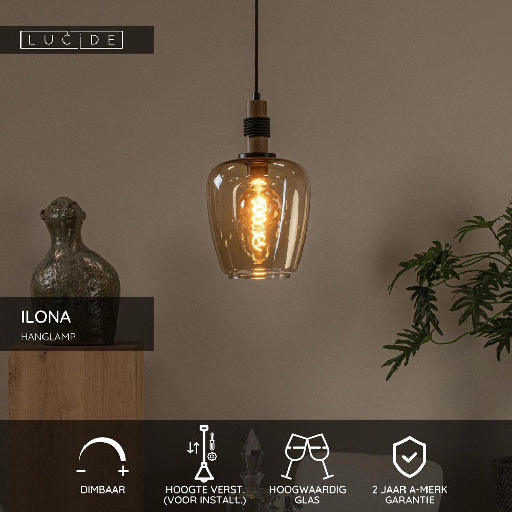 Pendant lamp Ilona Ø 22cm black with amber glass Lucide 5411212452665