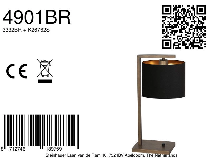 Table lamp Stang with black hood Steinhauer 8712746189759