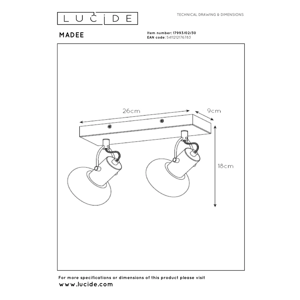 Ceiling lamp Madee 2-light black Lucide 5411212176783