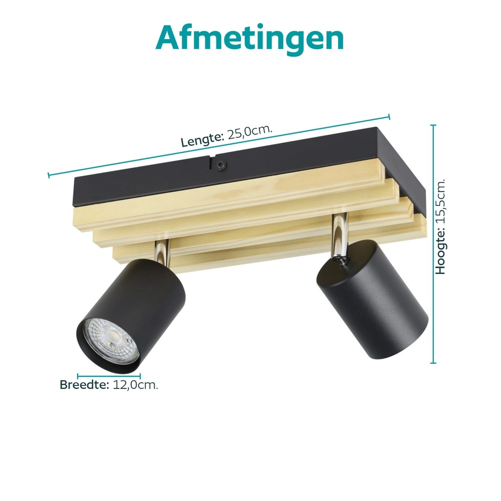 Modern spotlight Cembrano 2-light black with wood Eglo 9008606389056