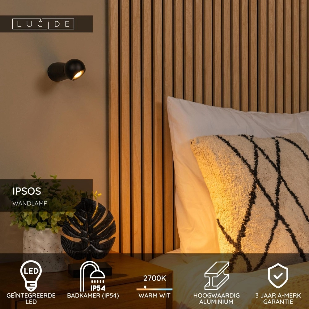 Bathroom wall lamp Ipsos black IP54 Lucide 5411212334008