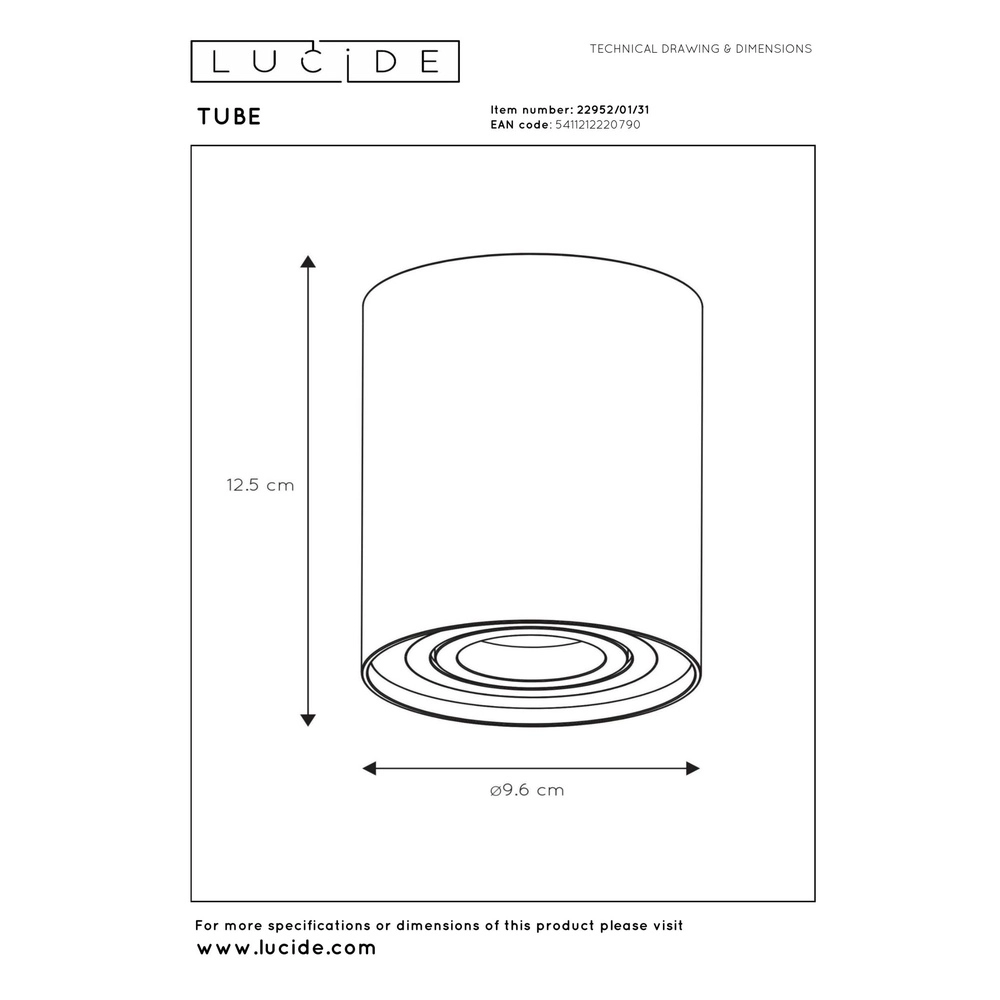 Surface-mounted ceiling spot Tube white Ø 9.6cm Lucide 5411212220790