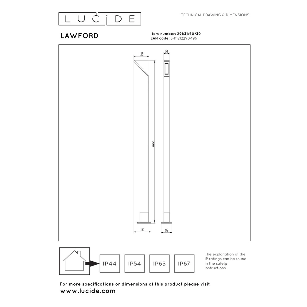 Design garden lamp Lawford 60cm black Lucide 5411212290496