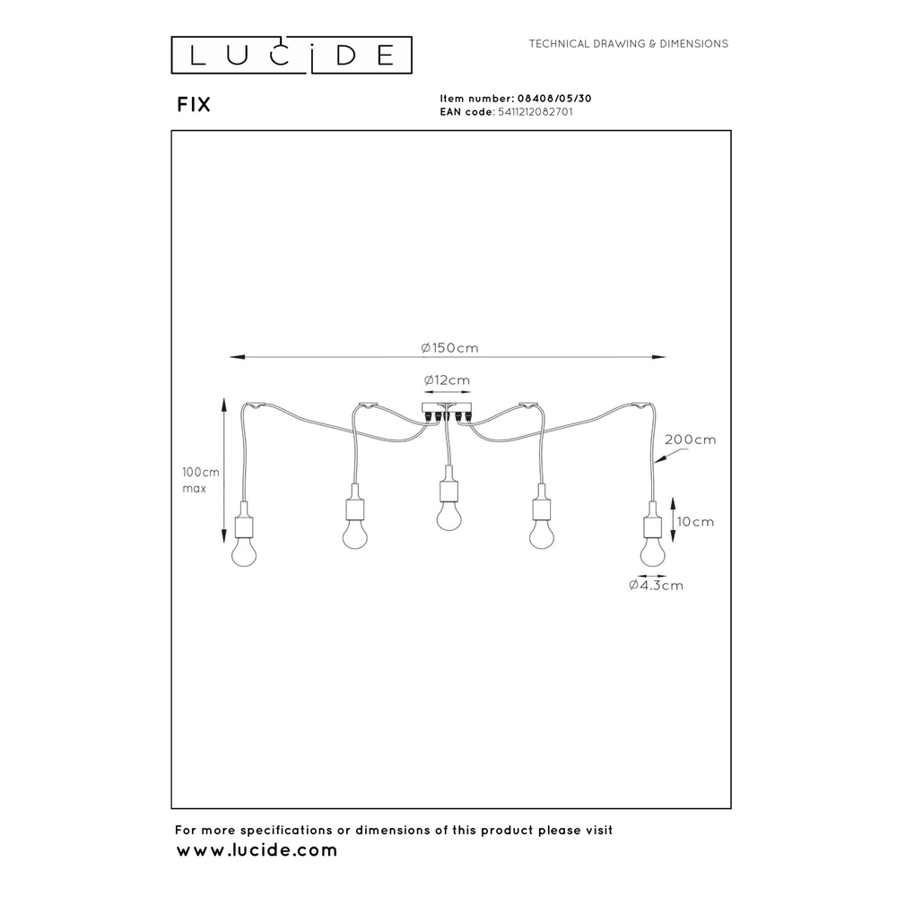 5-light pendant lamp black Fix suitable for loft Lucide 5411212082701