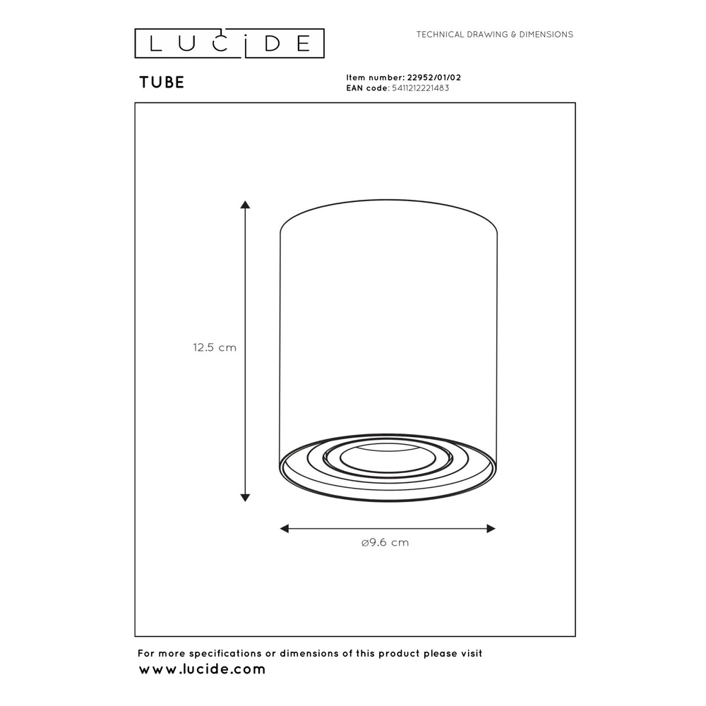 Surface-mounted ceiling spot Tube gold Ø 9.6cm Lucide 5411212221483