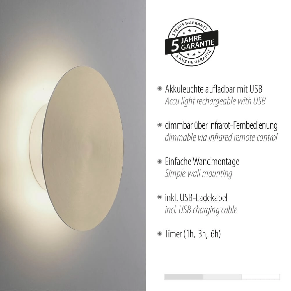 Design wall lamp Akku Puntua Ø 18cm brass Paul Neuhaus 4012248372494